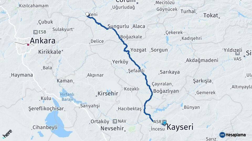 Kayseri Kızılırmak Çankırı Arası Kaç Km - Yol Haritası