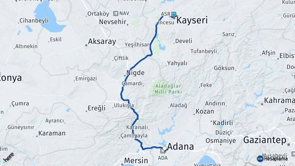 Kayseri Kocasinan Adana Arası Kaç Km - Yol Haritası