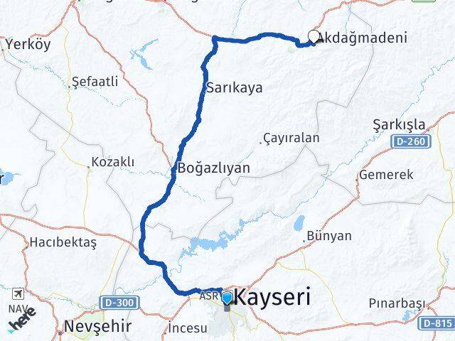 Kayseri Kocasinan Akdağmadeni Yozgat Arası Kaç Km - Yol Haritası