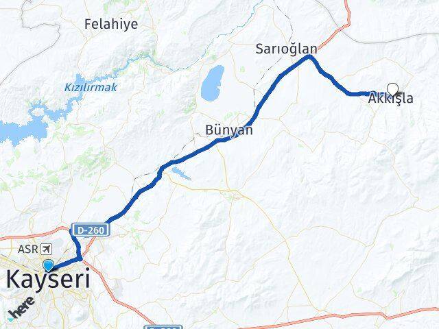 Kayseri Kocasinan Akkışla Arası Kaç Km - Yol Haritası