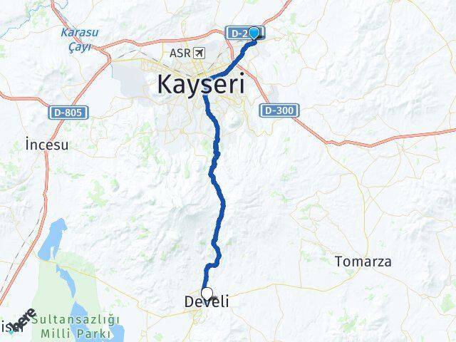 Kayseri Kocasinan Beyazşehir Develi Arası Kaç Km - Yol Haritası