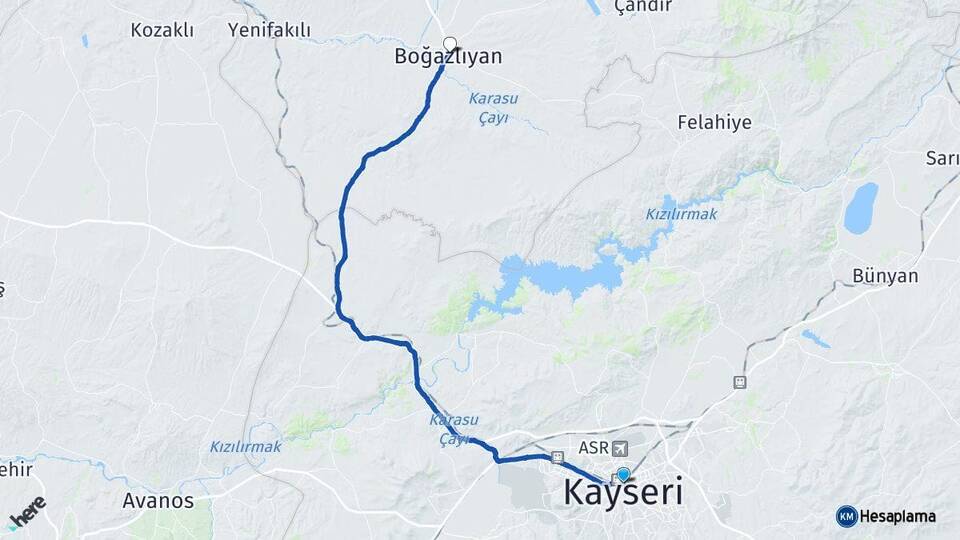 Kayseri Kocasinan Boğazlıyan Yozgat Arası Kaç Km - Yol Haritası