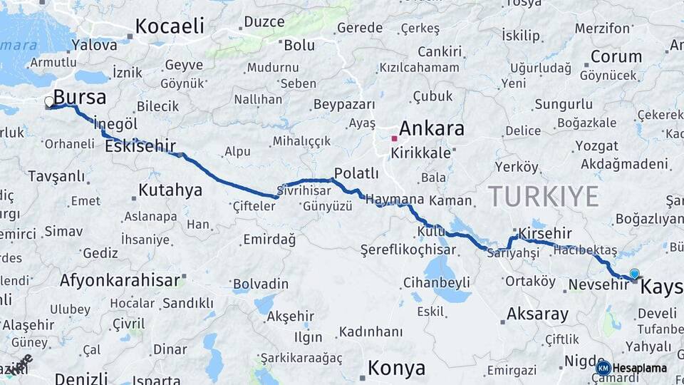 Kayseri Kocasinan Bursa Arası Kaç Km - Yol Haritası