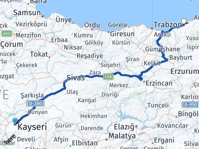 Kayseri Kocasinan Çayeli Rize Arası Kaç Km - Yol Haritası