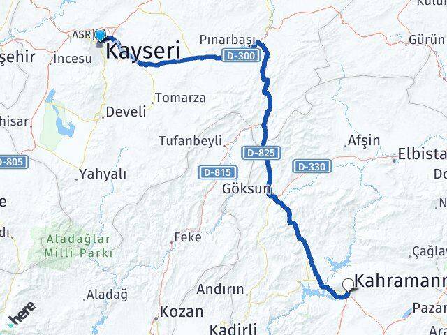 Kayseri Kocasinan Dulkadiroğlu Kahramanmaraş Arası Kaç Km - Yol Haritası