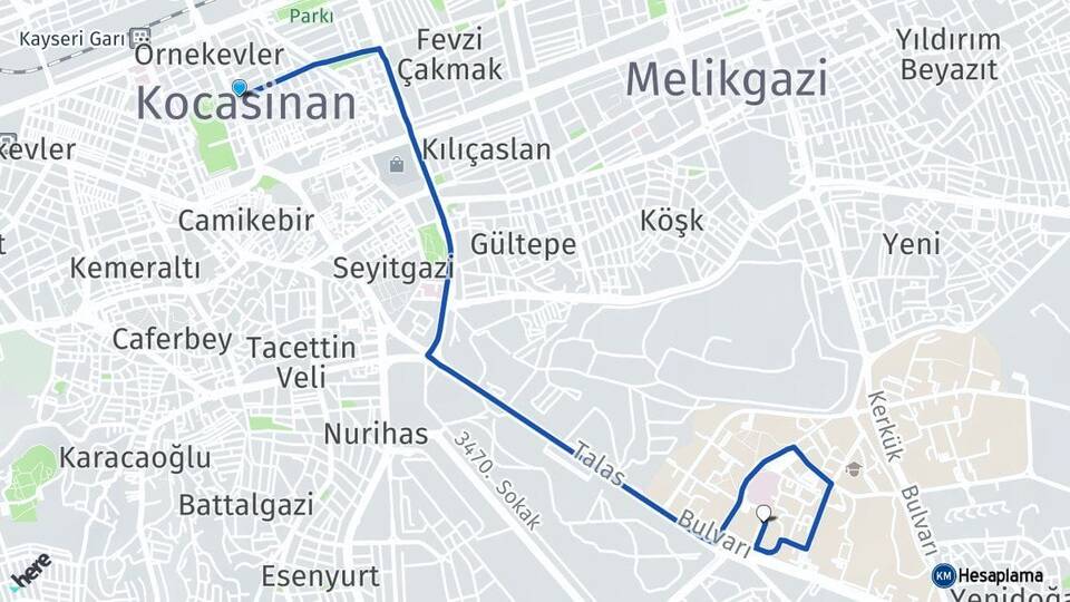 Kayseri Kocasinan Erciyes Üniversitesi Arası Kaç Km - Yol Haritası