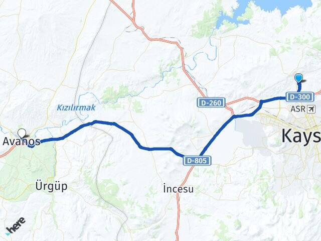 Kayseri Kocasinan Erkilet Avanos Nevşehir Arası Kaç Km - Yol Haritası