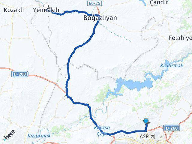 Kayseri Kocasinan Erkilet Yenifakılı Yozgat Arası Kaç Km - Yol Haritası
