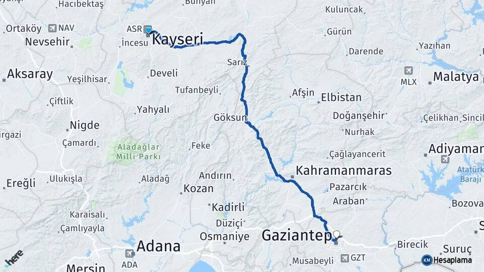 Kayseri Kocasinan Gaziantep Arası Kaç Km - Yol Haritası