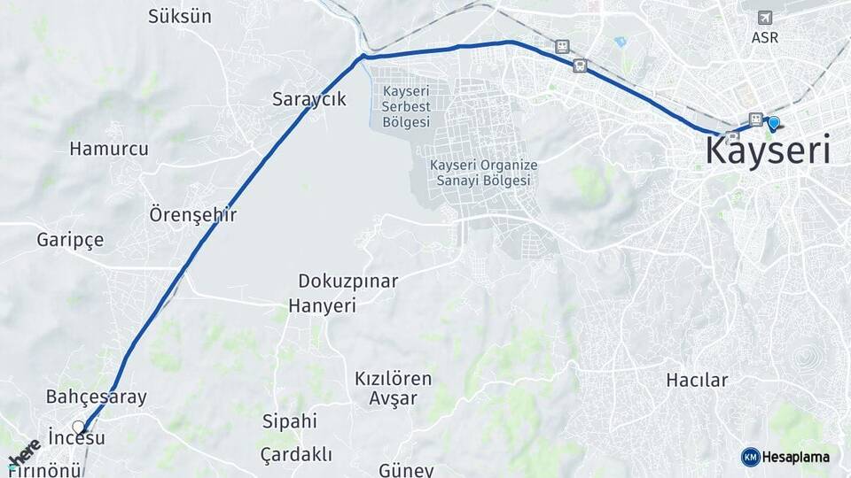 Kayseri Kocasinan İncesu Arası Kaç Km - Yol Haritası