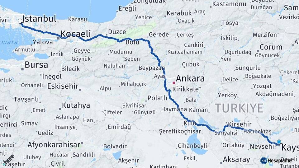 Kayseri Kocasinan İstanbul Arası Kaç Km - Yol Haritası
