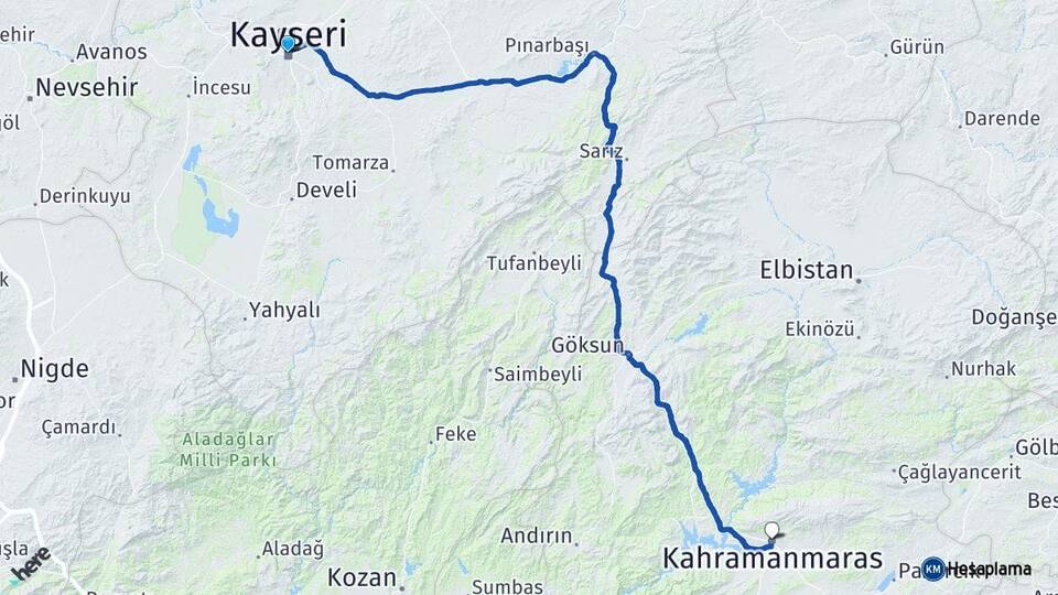 Kayseri Kocasinan Kahramanmaraş Arası Kaç Km - Yol Haritası