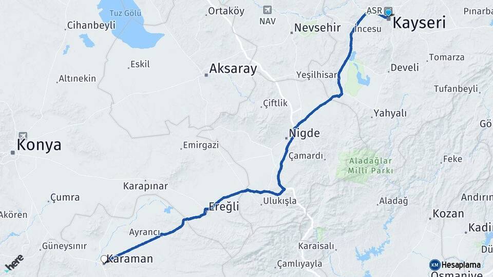Kayseri Kocasinan Karaman Arası Kaç Km - Yol Haritası