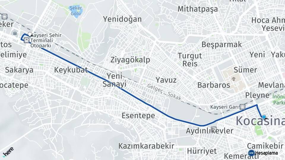 Kayseri Kocasinan Kayseri Otogarı Arası Kaç Km - Yol Haritası