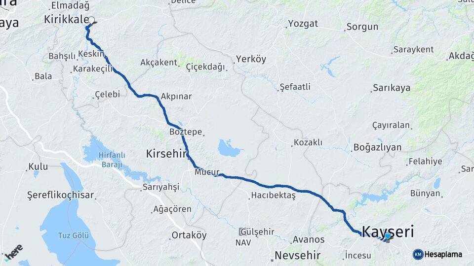 Kayseri Kocasinan Kırıkkale Arası Kaç Km - Yol Haritası