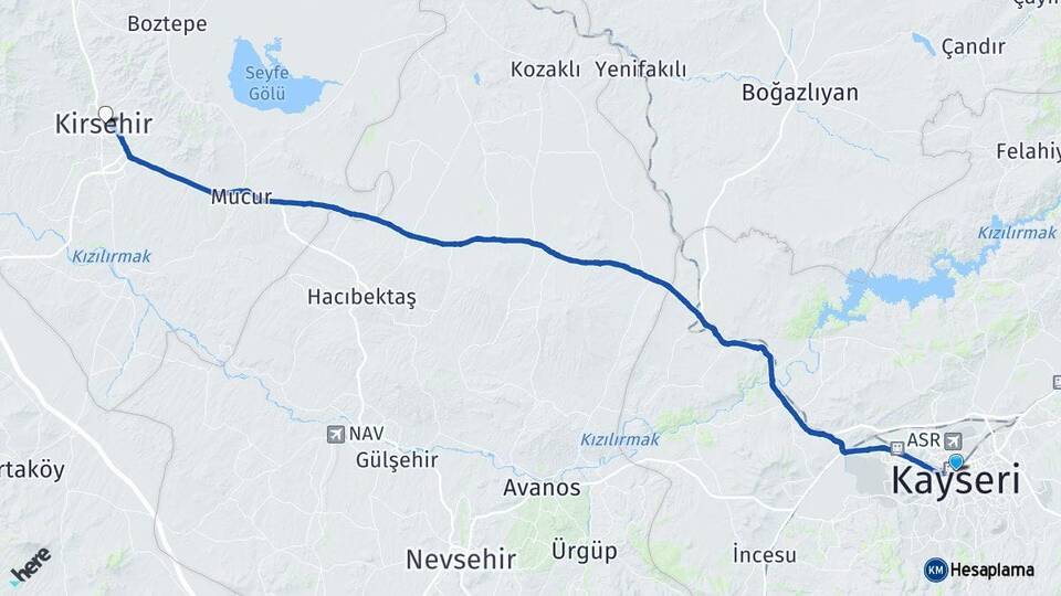 Kayseri Kocasinan Kırşehir Arası Kaç Km - Yol Haritası