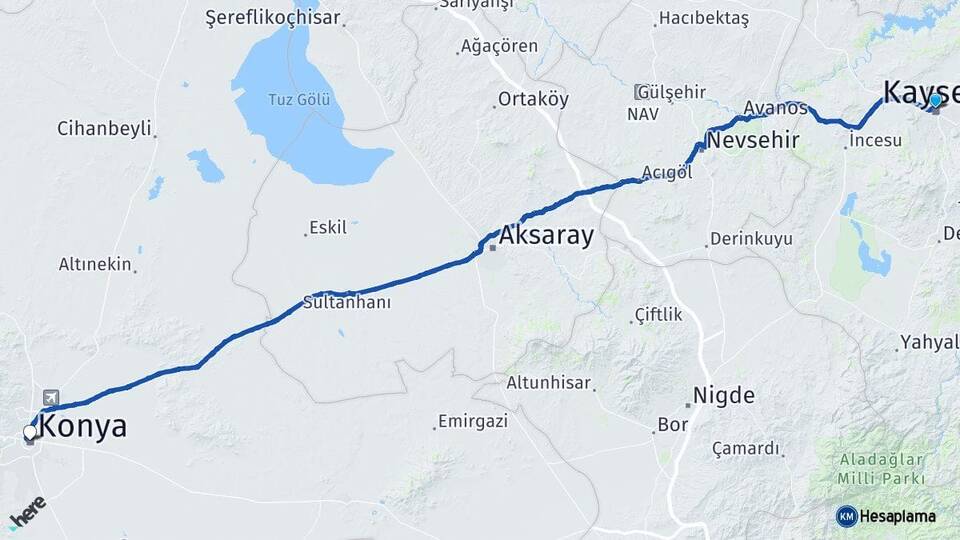 Kayseri Kocasinan Konya Arası Kaç Km - Yol Haritası