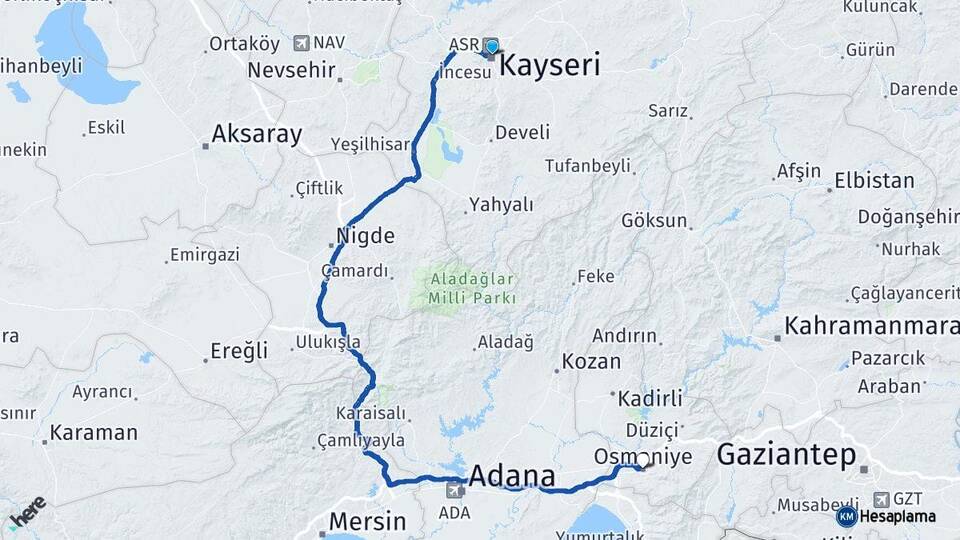 Kayseri Kocasinan Osmaniye Arası Kaç Km - Yol Haritası