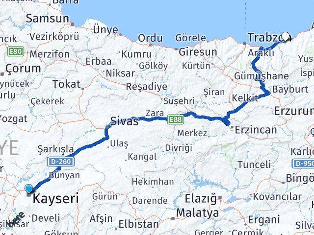 Kayseri Kocasinan Rize Arası Kaç Km - Yol Haritası