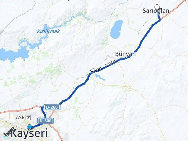 Kayseri Kocasinan Sarıoğlan Arası Kaç Km - Yol Haritası