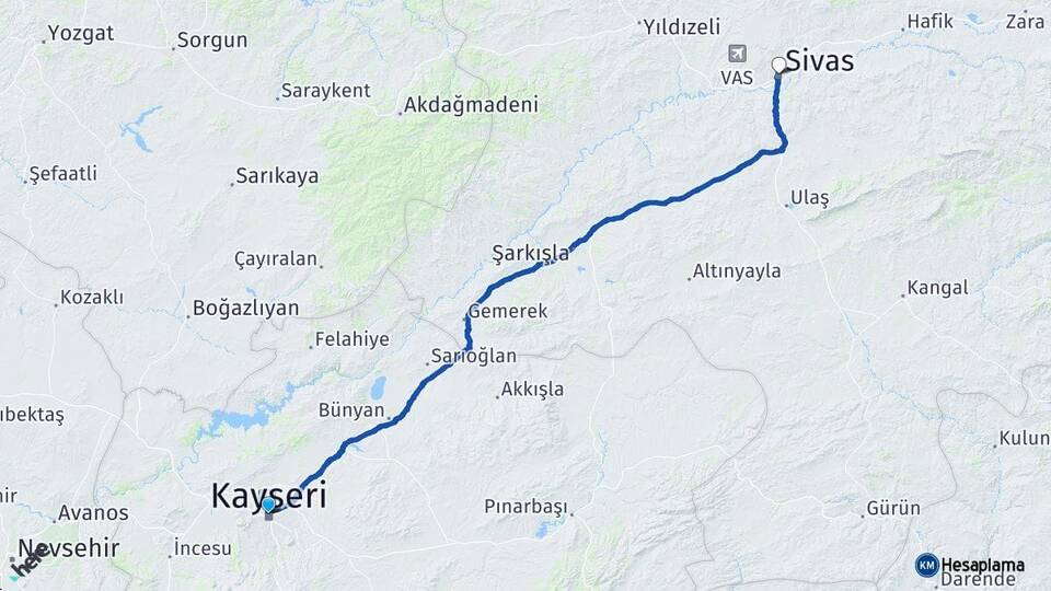 Kayseri Kocasinan Sivas Arası Kaç Km - Yol Haritası