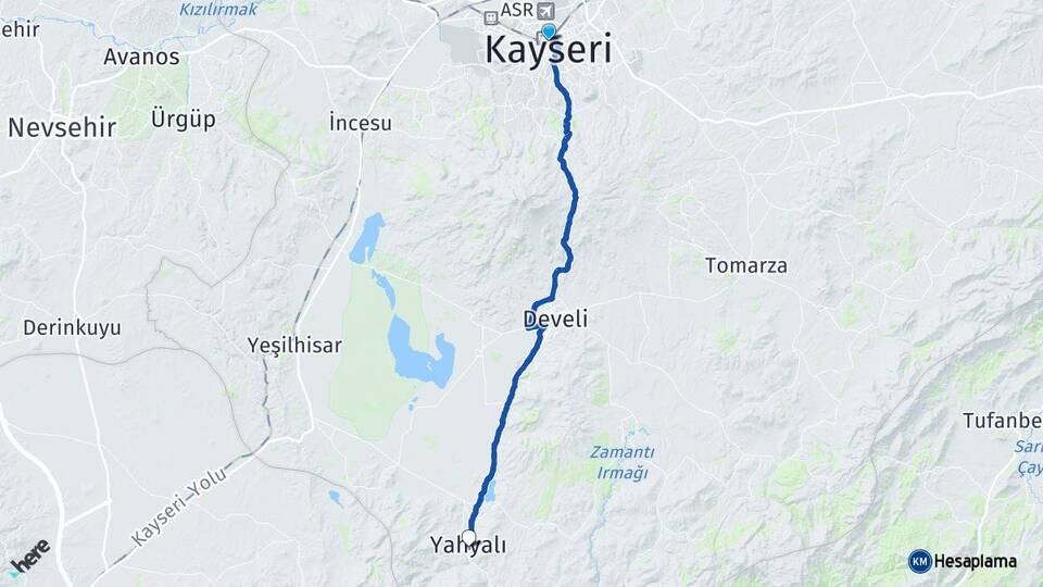 Kayseri Kocasinan Yahyalı Arası Kaç Km - Yol Haritası