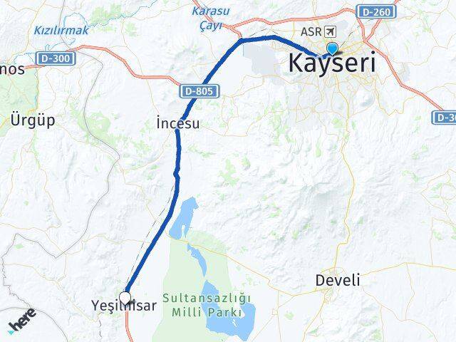 Kayseri Kocasinan Yeşilhisar Arası Kaç Km - Yol Haritası