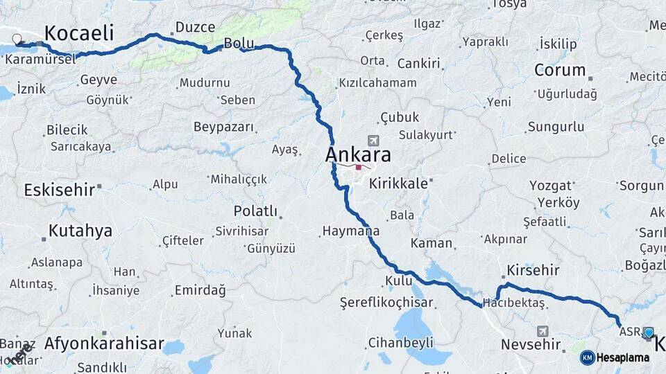 Kayseri Körfez Kocaeli Arası Kaç Km - Yol Haritası