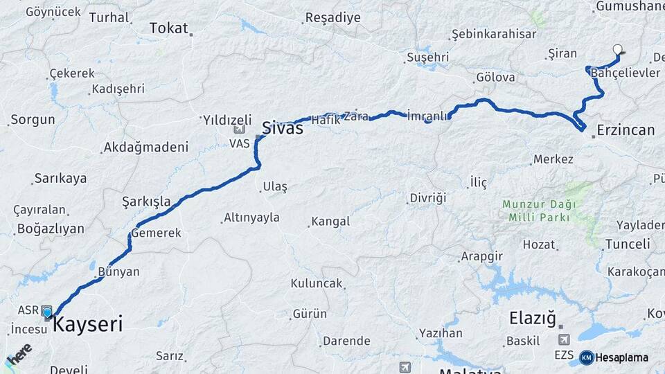 Kayseri Köse Gümüşhane Arası Kaç Km - Yol Haritası