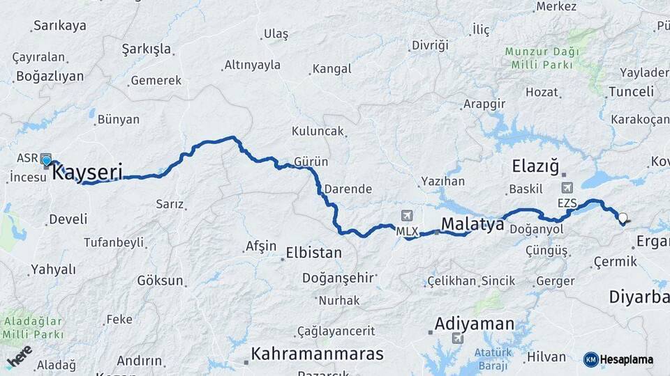 Kayseri Maden Elazığ Arası Kaç Km - Yol Haritası