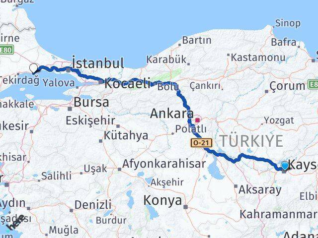 Kayseri Marmaraereğlisi Tekirdağ Arası Kaç Km - Yol Haritası