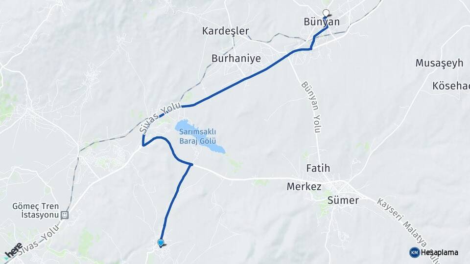 Kayseri Melikgazi Ağırnas Bünyan Arası Kaç Km - Yol Haritası