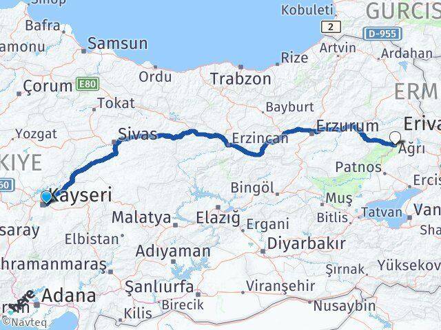 Kayseri Melikgazi Ağrı Arası Kaç Km - Yol Haritası