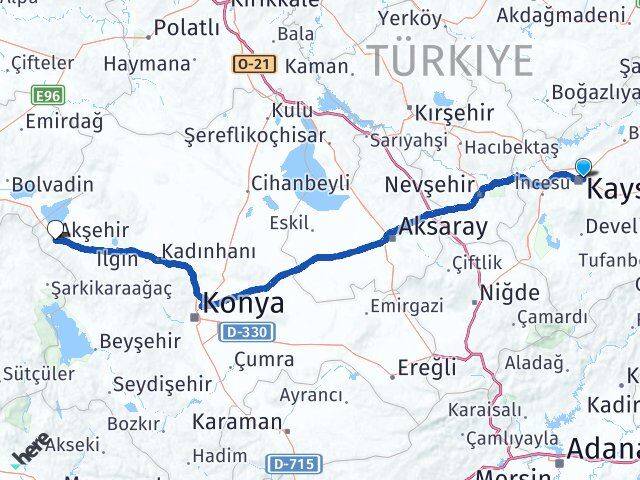 Kayseri Melikgazi Akşehir Konya Arası Kaç Km - Yol Haritası