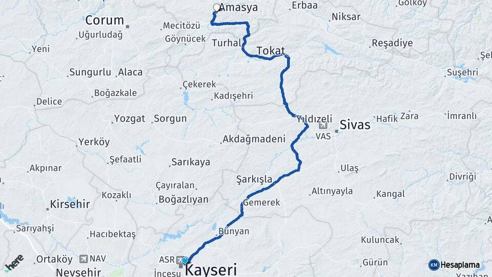 Kayseri Melikgazi Amasya Arası Kaç Km - Yol Haritası
