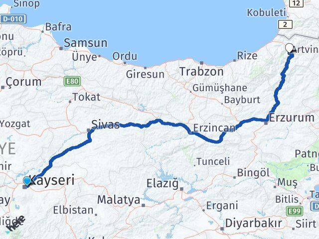 Kayseri Melikgazi Artvin Arası Kaç Km - Yol Haritası