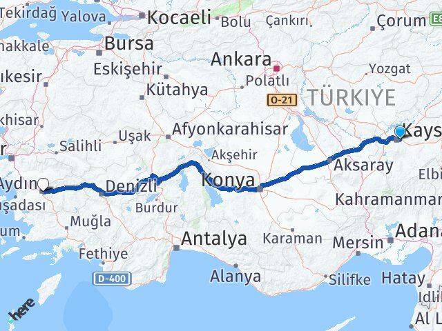 Kayseri Melikgazi Aydın Arası Kaç Km - Yol Haritası