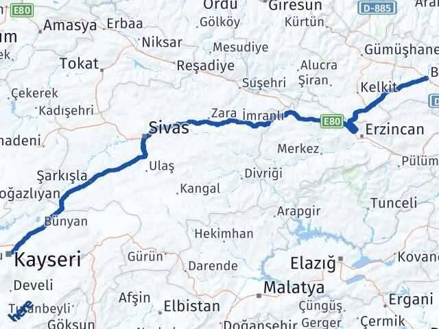 Kayseri Melikgazi Bayburt Arası Kaç Km - Yol Haritası