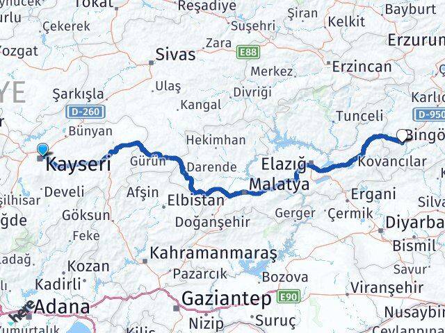 Kayseri Melikgazi Bingöl Arası Kaç Km - Yol Haritası