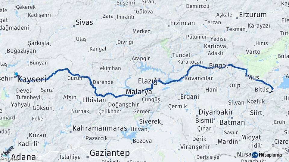 Kayseri Melikgazi Bitlis Arası Kaç Km - Yol Haritası