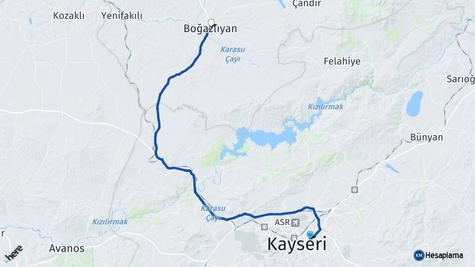 Kayseri Melikgazi Boğazlıyan Yozgat Arası Kaç Km - Yol Haritası