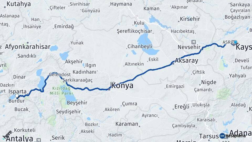 Kayseri Melikgazi Burdur Arası Kaç Km - Yol Haritası