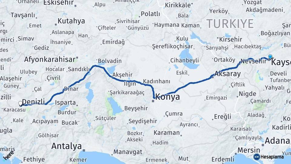 Kayseri Melikgazi Denizli Arası Kaç Km - Yol Haritası