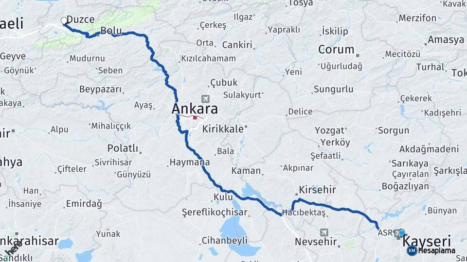 Kayseri Melikgazi Düzce Arası Kaç Km - Yol Haritası