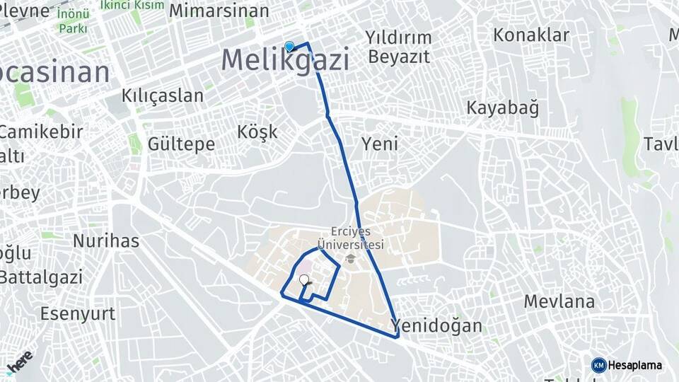 Kayseri Melikgazi Erciyes Üniversitesi Arası Kaç Km - Yol Haritası