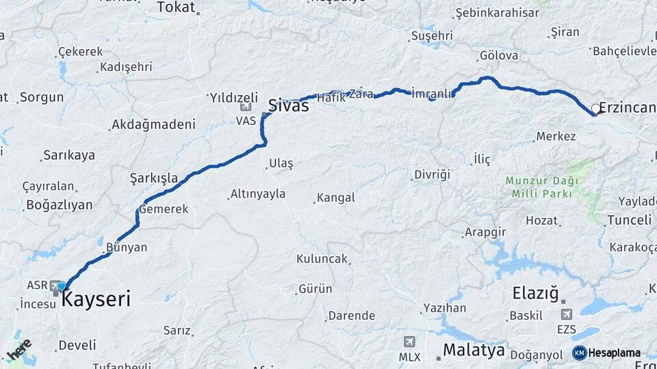 Kayseri Melikgazi Erzincan Arası Kaç Km - Yol Haritası