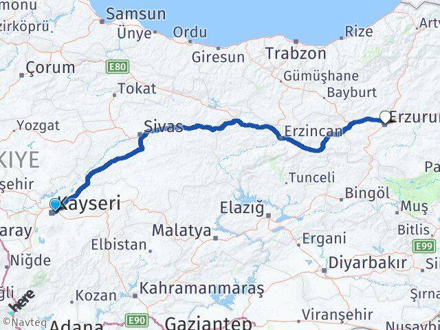 Kayseri Melikgazi Erzurum Arası Kaç Km - Yol Haritası