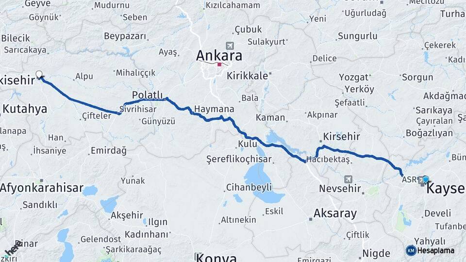 Kayseri Melikgazi Eskişehir Arası Kaç Km - Yol Haritası