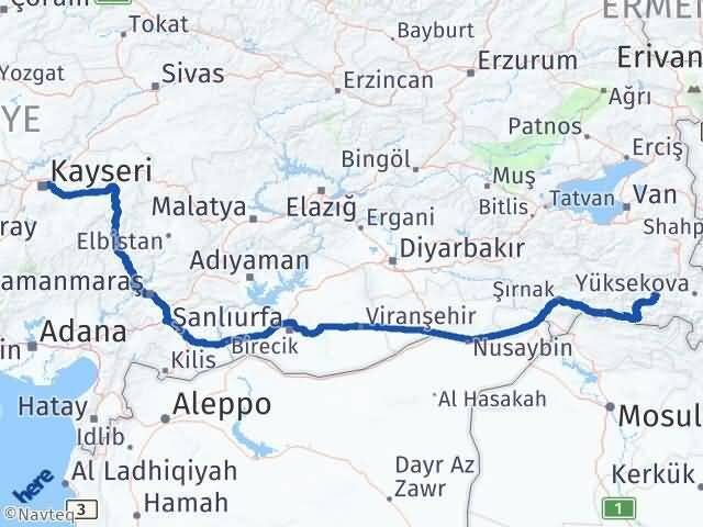 Kayseri Melikgazi Hakkari Arası Kaç Km - Yol Haritası