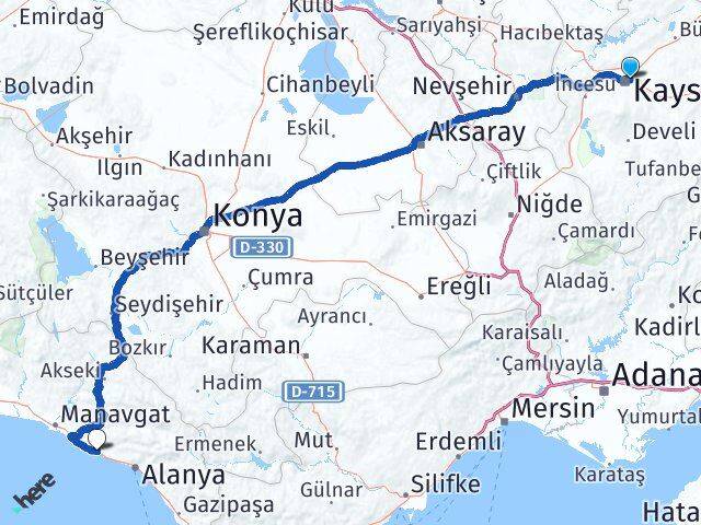 Kayseri Melikgazi İncekum Alanya Antalya Arası Kaç Km - Yol Haritası